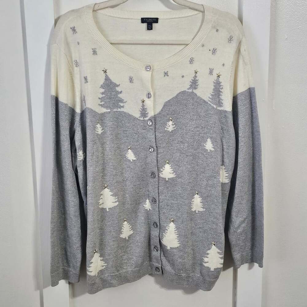 Talbots 2XP Plus Petite Christmas Tree Cashmere Blend Metallic Cardigan Holiday